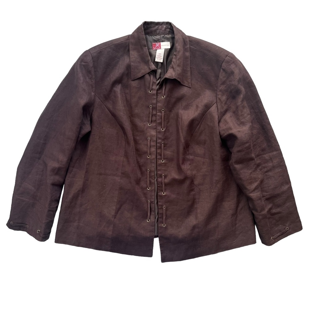 JM Woman Collection Womens Size 18W Brown 100% Linen Thread Detail Blazer Jacket